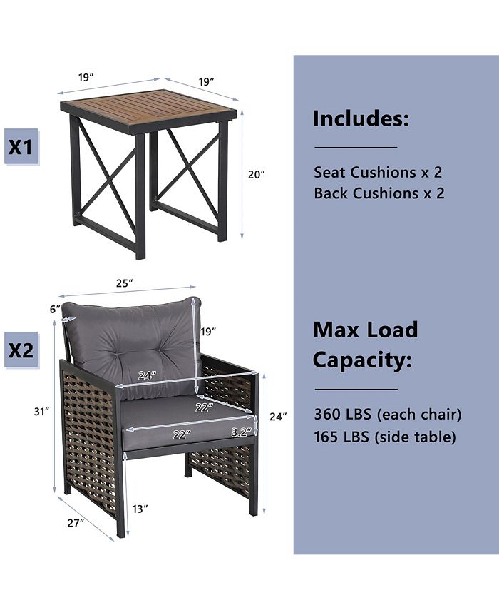 Costway 3 PCS Patio Rattan Furniture Set Acacia Wood Coffee Table & 2