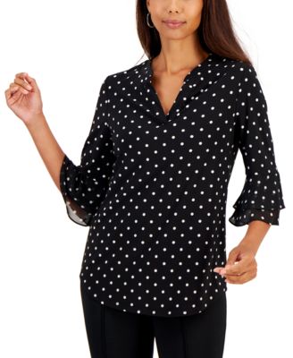 Kasper - Petite Dot-Print Flutter-Sleeve V-Neck Blouse