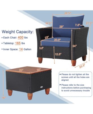 3PCS Patio Rattan Furniture Set Cushioned Sofa Storage Table with Wood Top