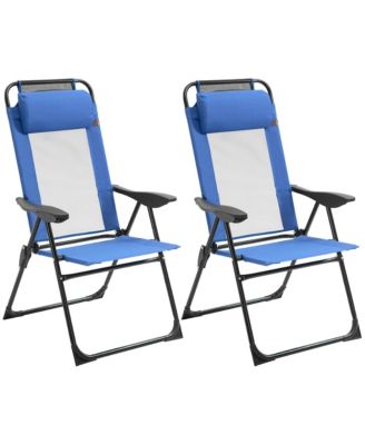 Set of 2 Folding Patio Chairs, Camping Chairs with Adjustable Sling Back, Removable Headrest, Armrest for Garden, Backyard, Lawn, Blue