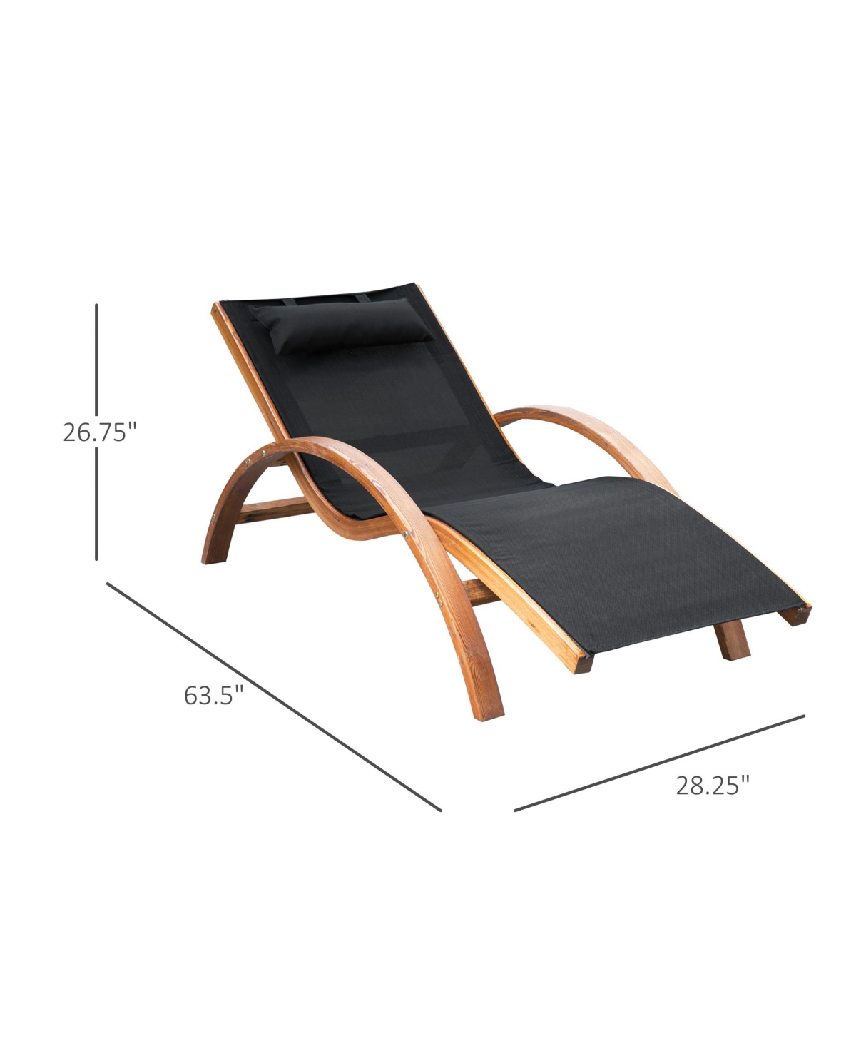 Outsunny Outdoor Chaise Wood Lounge Chair with Pillow, Armrests, Breathable Sling Mesh and Comfortable Curved Design for Patio, Deck, and Poolside - B