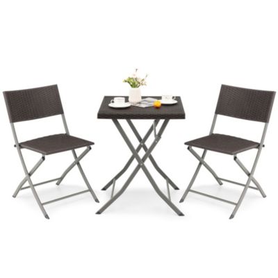 3PCS Patio Folding Rattan Bistro Set Chairs Backrest Table Garden Deck