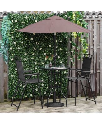 4 Piece Outdoor Patio Dining Furniture Set, 2 Folding Chairs, Adjustable Angle Umbrella, Wave Textured Tempered Glass Dinner Table, Black