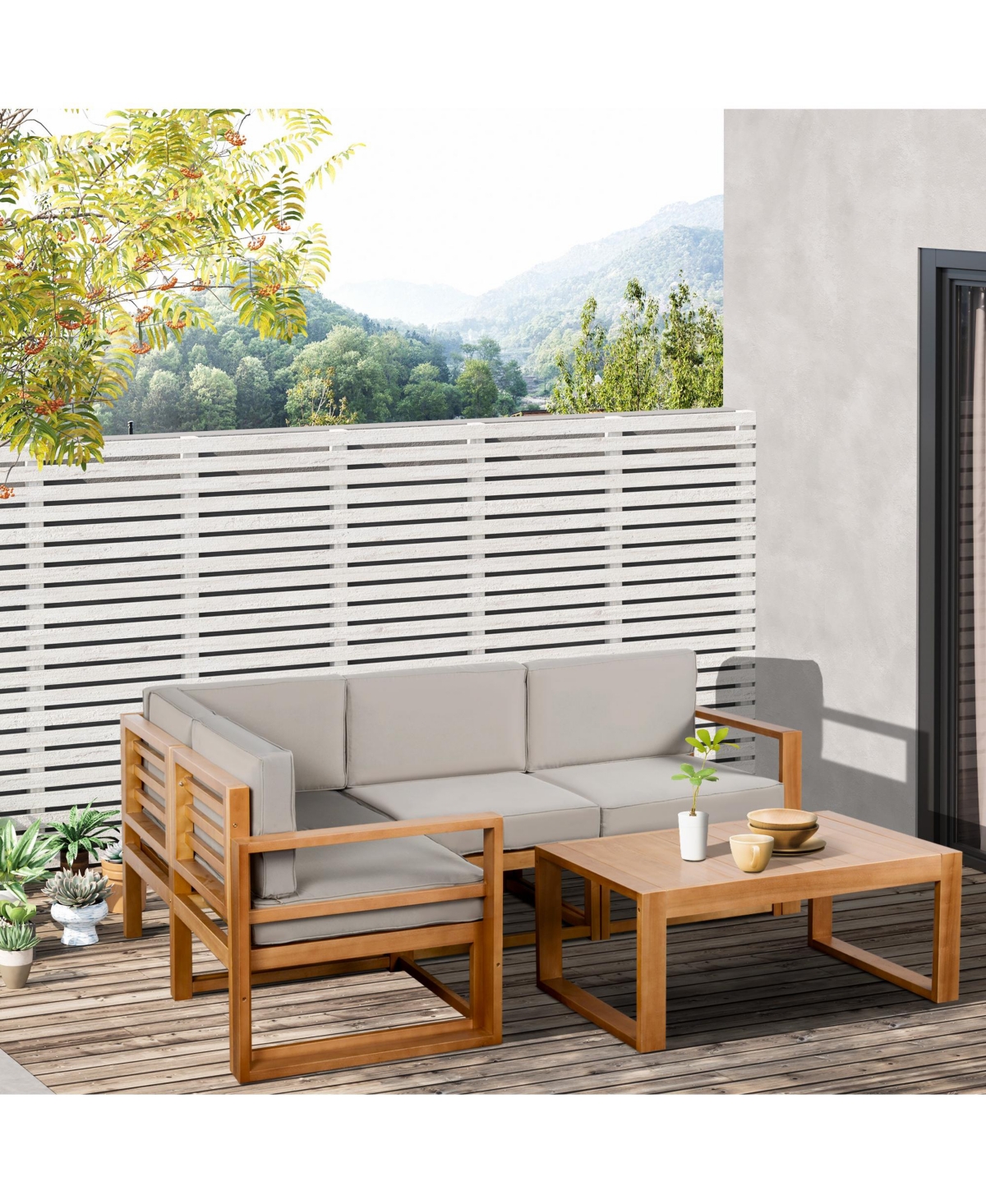 Outsunny 4 Seater Shaped Patio Furniture Set, Wood Outdoor Sectional Sofa Conversation Set with Coffee Table and Cushions for Garden, Backyard, Porc
