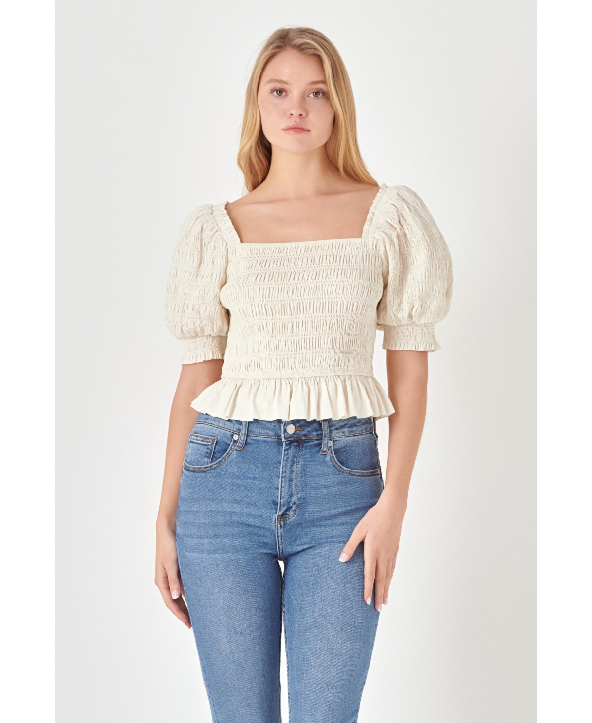English Factory Smocked Puff Sleeve Peplum Top In Ivory