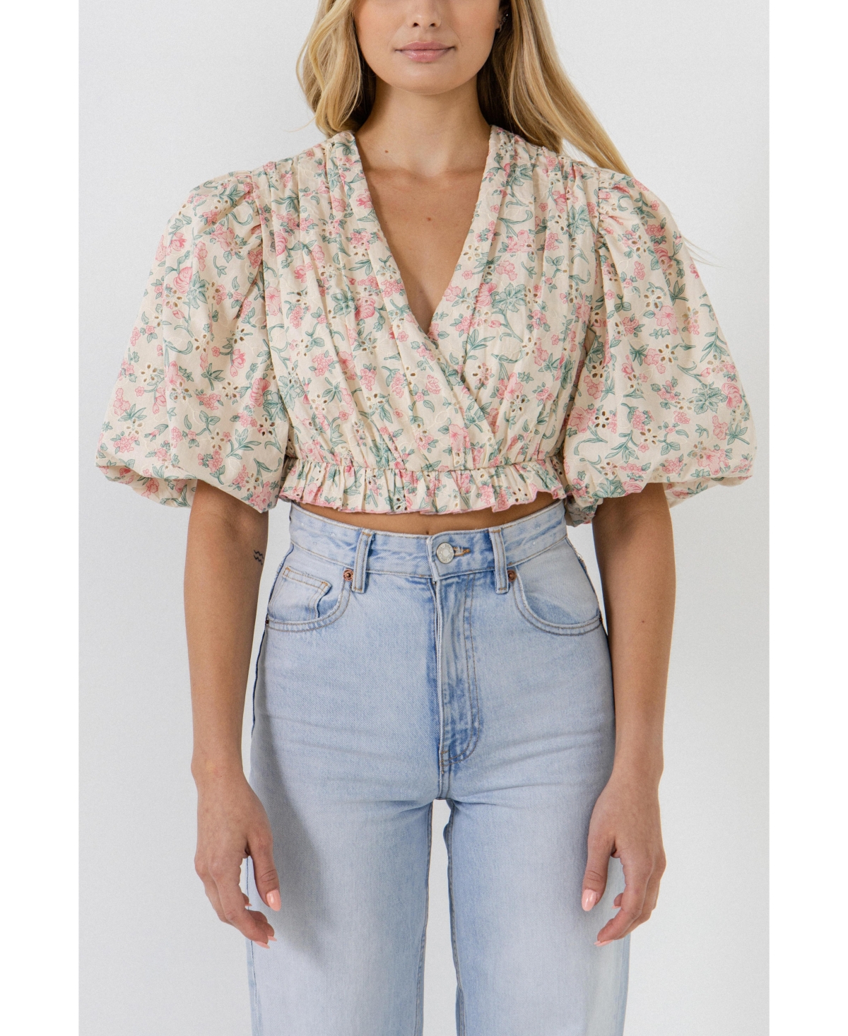 Women's Floral Embroidered Blouson Top - Pink