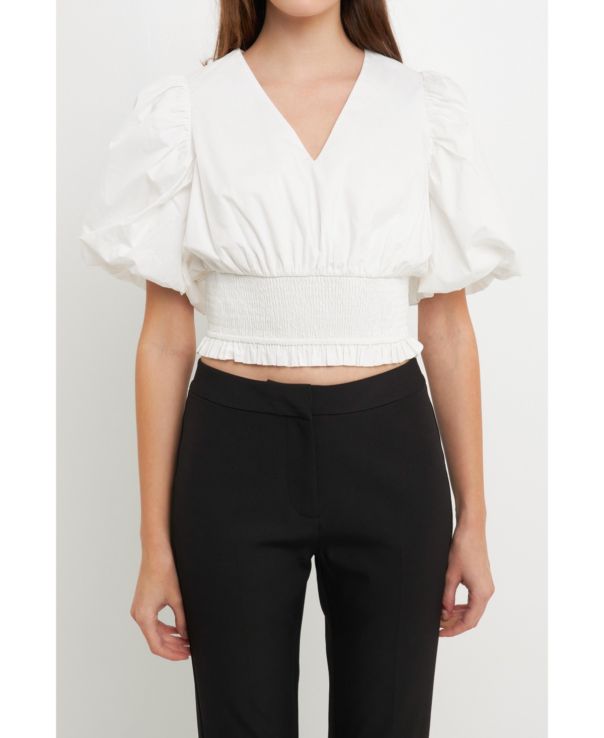 Endless Rose Smocked Waist Cotton Blouse In White