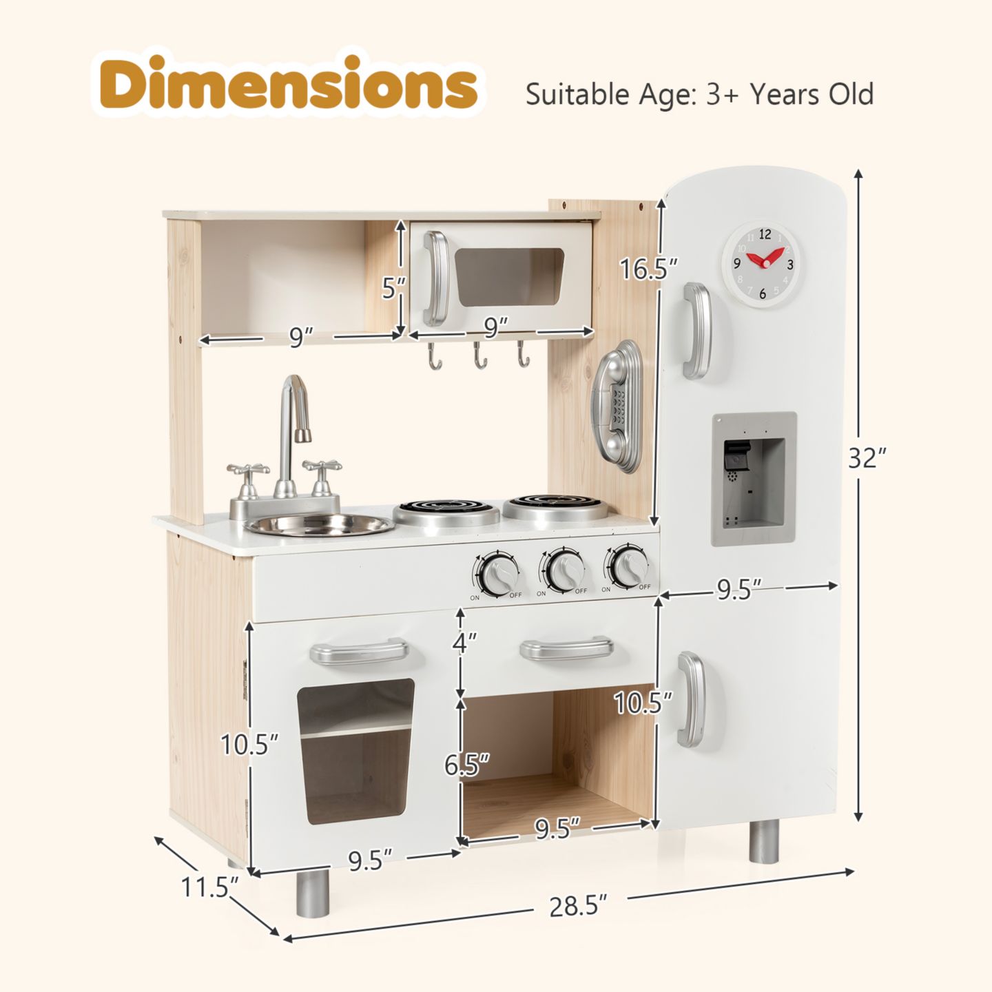 Детские игрушки Costway Water Dispenser 5-Piece Wooden Play Kitchen, от 3 лет, цвет: Белый — фото 3