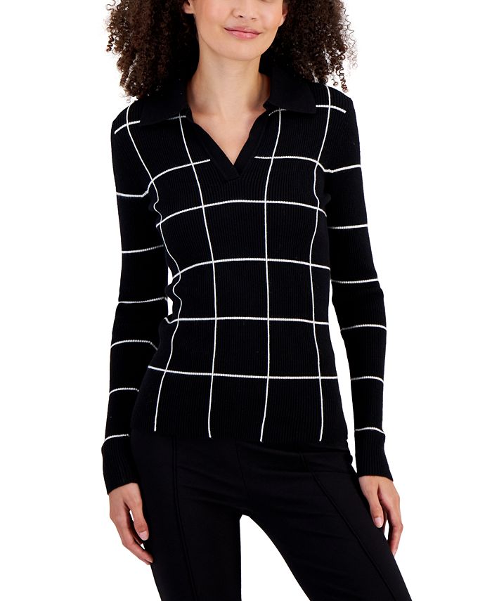 T Tahari Women s Ribbed Windowpane Johnny Collar Sweater Macy s
