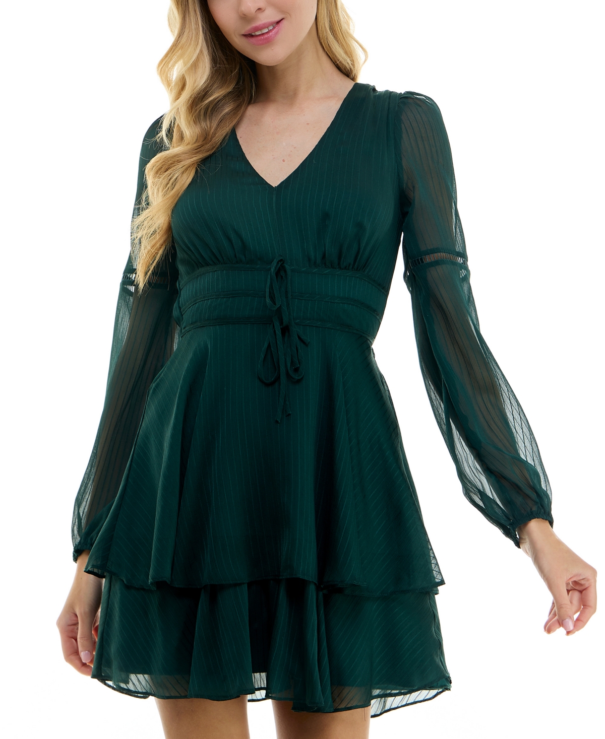 City Studios Juniors Shadow stripe Fit Flare Dress In Hunter