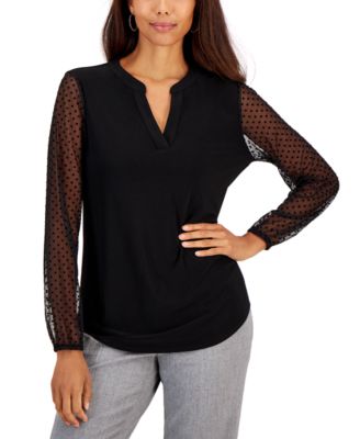 Kasper - Women's Sheer-Sleeve Split-Neck Knit Top
