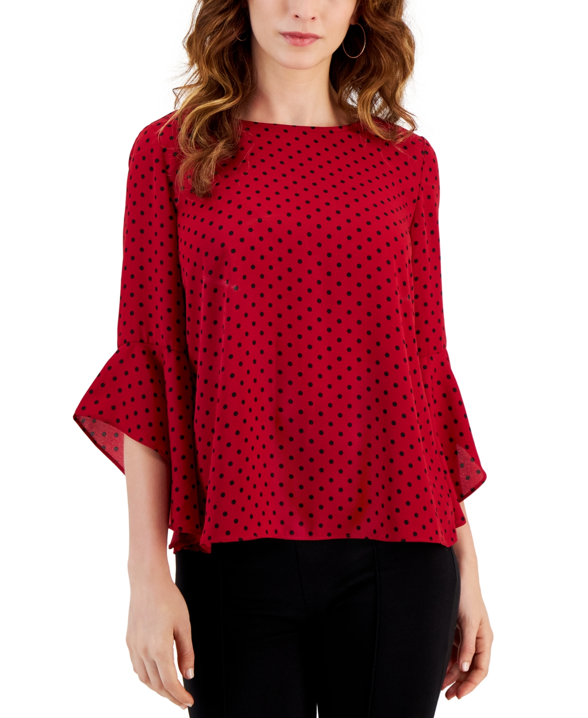 Kasper Women's Printed 3/4 Ruffle-Sleeve Blouse -Black