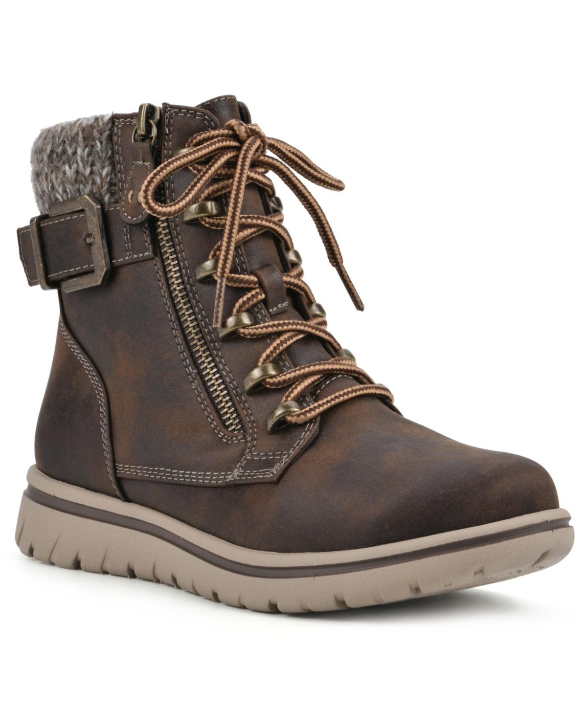 Cliffs By White Mountain Hearty Knit Collar Lace-up Boot In Brown/fabric
