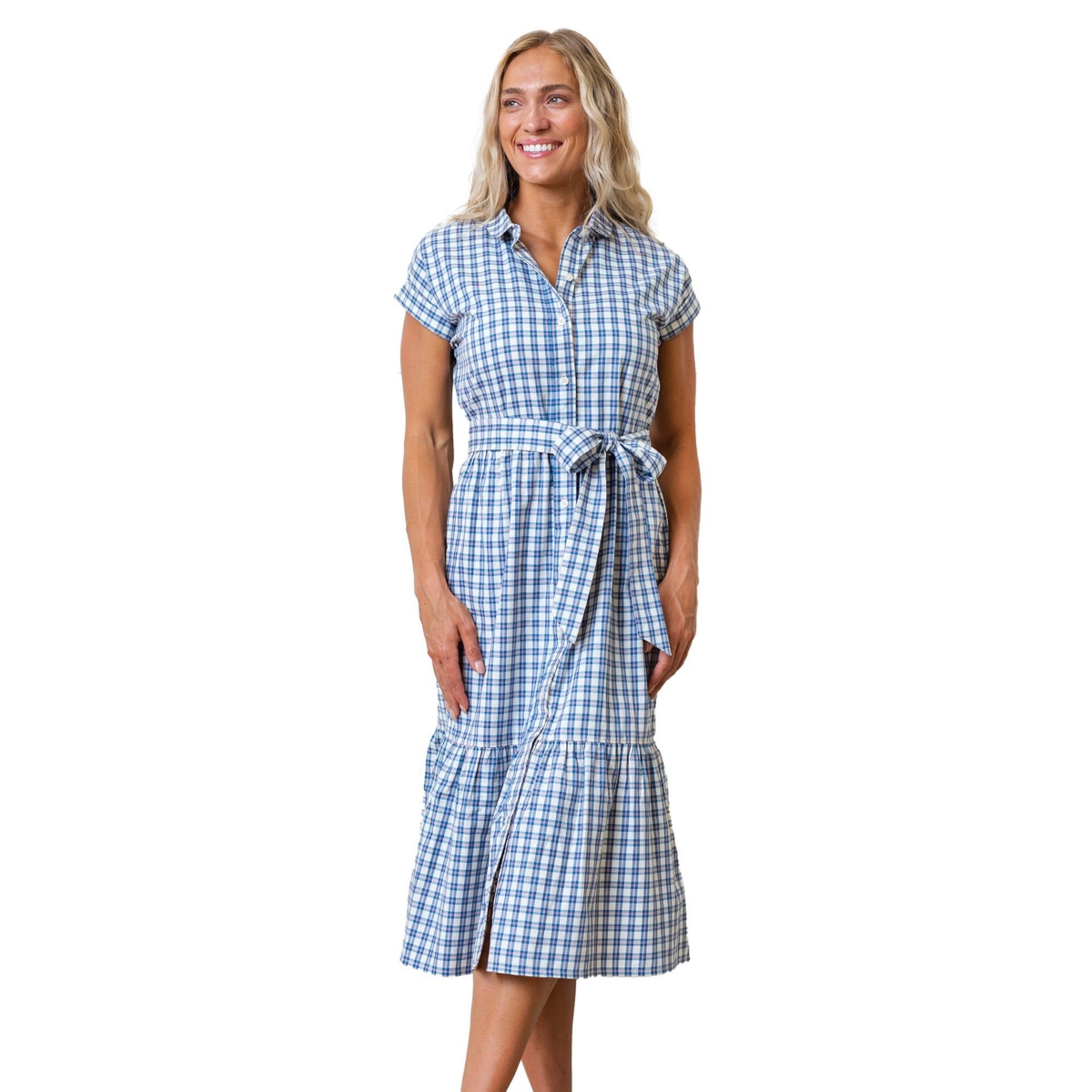 Hope & Henry Women's Short Sleeve Button Front Tiered Maxi Dress with Waist Sash - Ivory and blue check