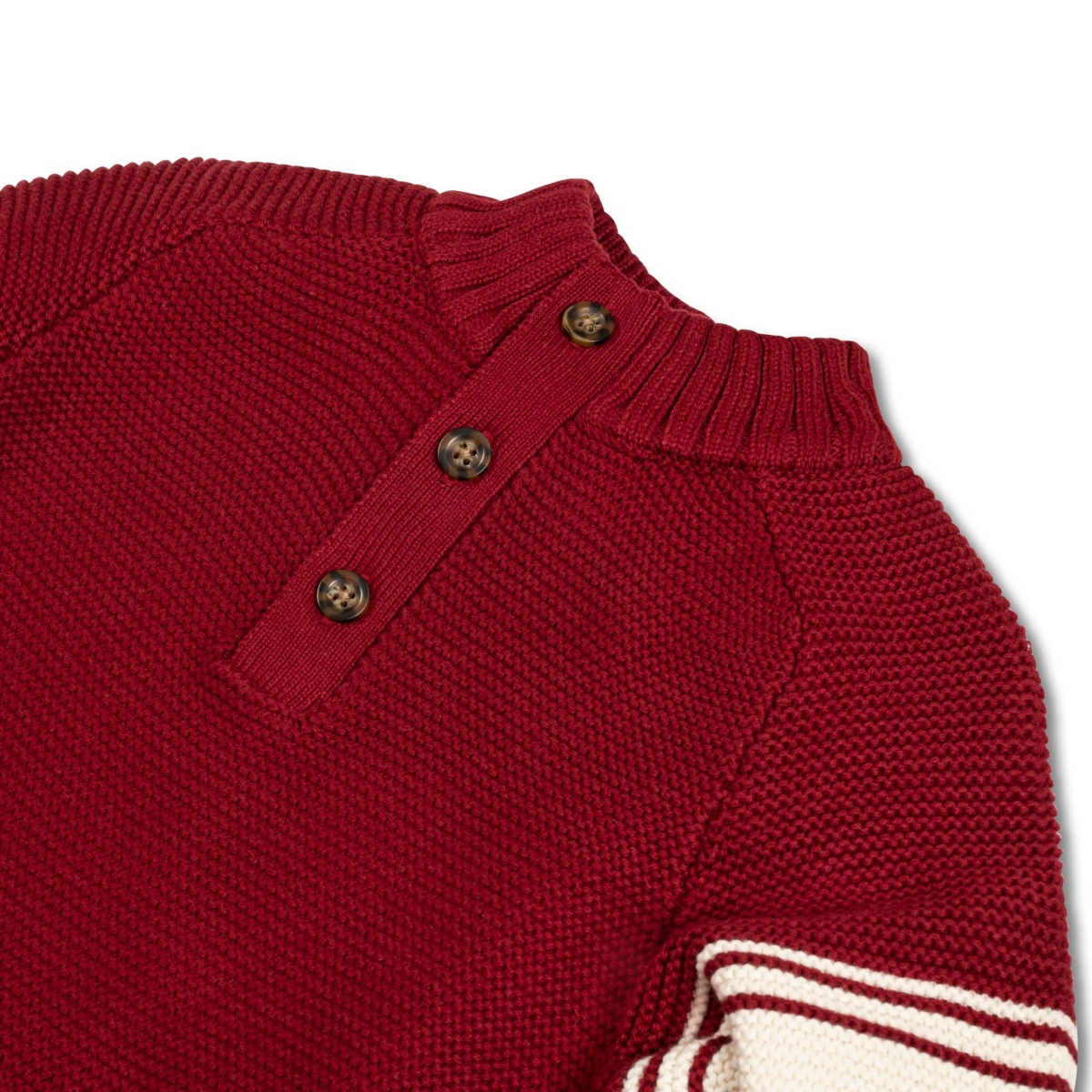 Hope & Henry Boys Organic Long Sleeve Mock Neck Raglan Sweater with Kanga Pocket - Dark red with sleeve stripes