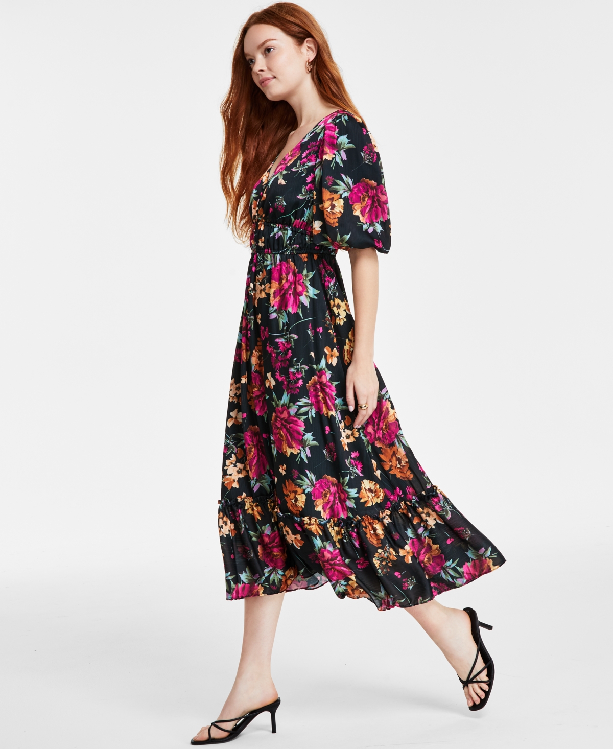 kensie Women's Floral-Print Elastic-Waist Puff-Sleeve Tiered Dress