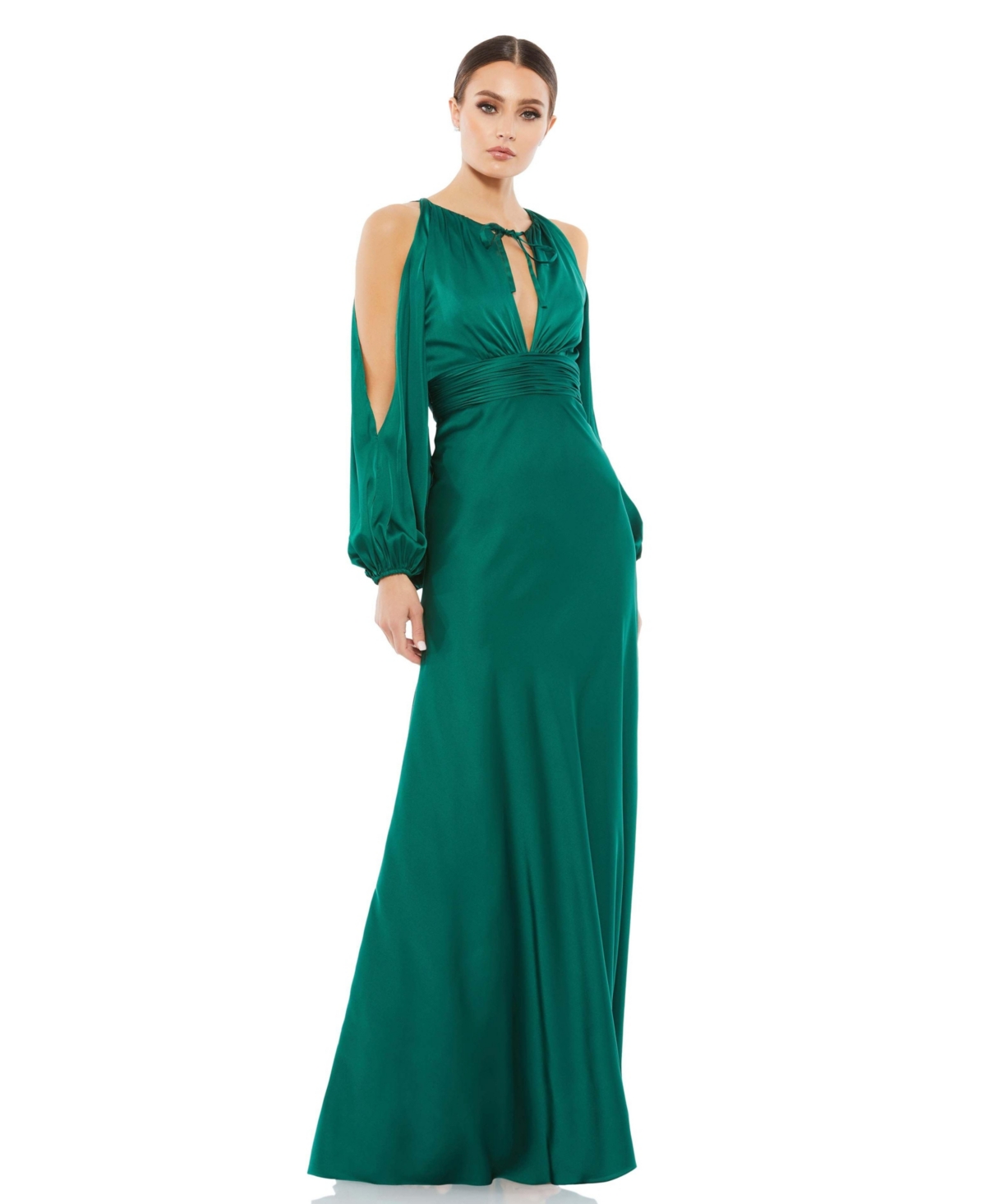1970s Formal Dress, Evening Gown Photos Womens Ieena Tied Keyhole Cold Shoulder Bishop Sleeve Gown - Emerald $398.00 AT vintagedancer.com