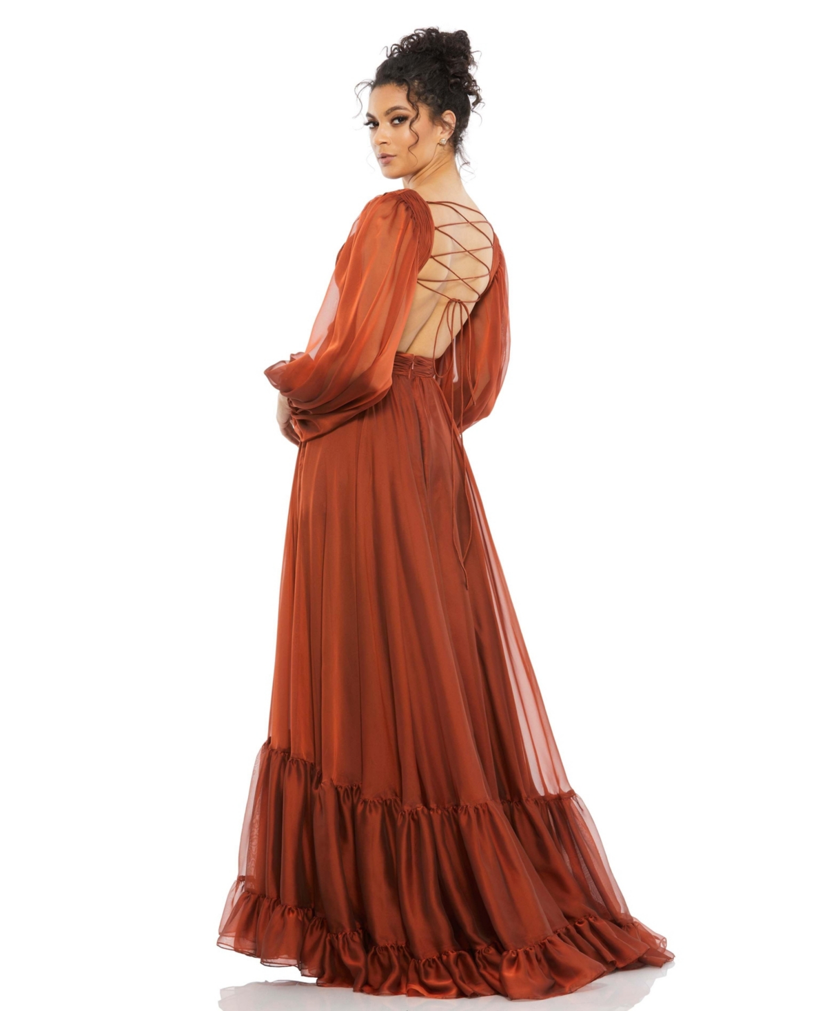 Mac Duggal Women's Pleated Cut Out Long Sleeve Lace Up Tiered Gown