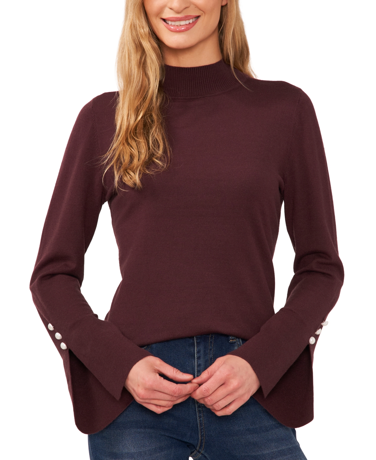 Women's Imitation Pearl Trim Split Sleeve Mock Neck Sweater - Latte Heather