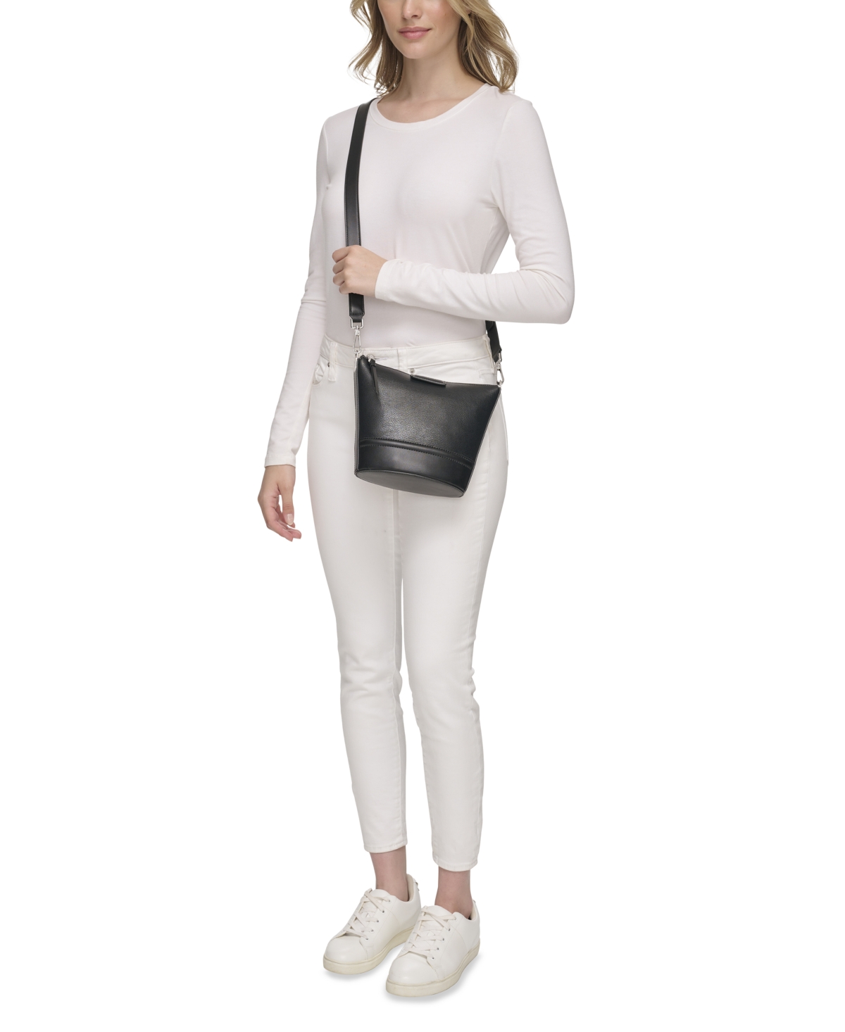 Shop Calvin Klein Ash Top Zipper Leather Adjustable Crossbody Bag In Cherub Wht