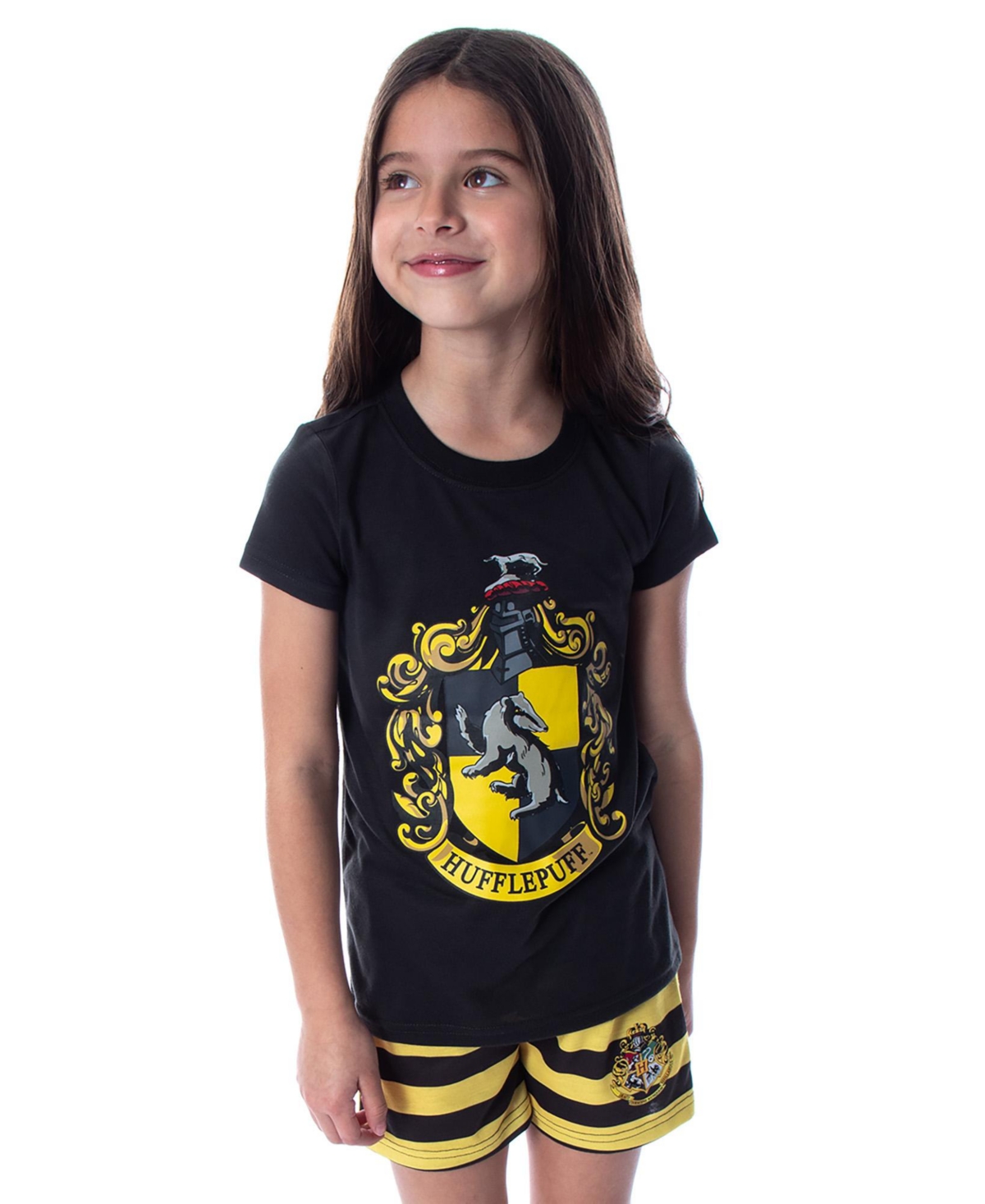 Harry Potter Girls Hogwarts Castle House Crest 2-Piece Shirt Shorts Pajama Set - Yellow