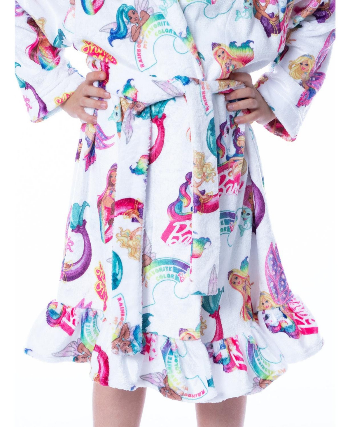 Mattel Girls' Barbie Fantasy Mermaid Fairy Rainbow Ruffled Kids Bathrobe Robe