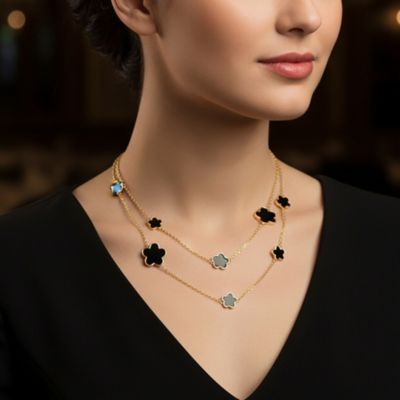 Large & Small Enamel Flower Station Chain Wrap Layer Clover Necklace Rose Gold Plated