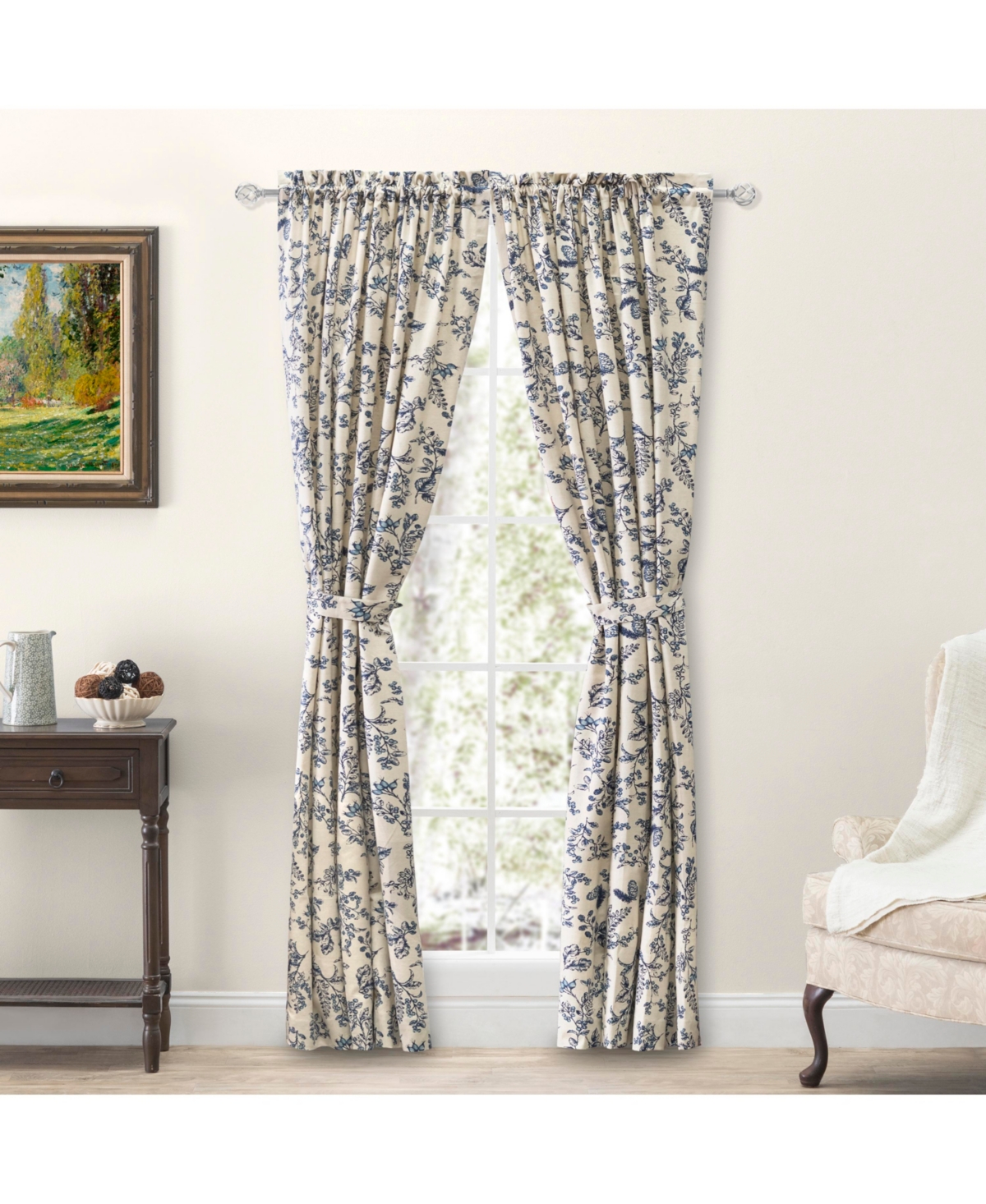 Waverly Gardens Tailored Curtain Panel Curtain Pair with tiebacks 84"W x 45"L - Indigo  white