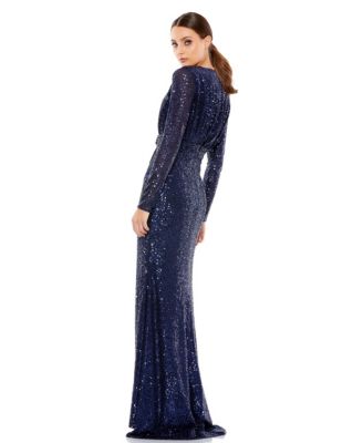 Women's Floor-Length Sequin Gown Featuring Long Sleeves and Sheer Accents