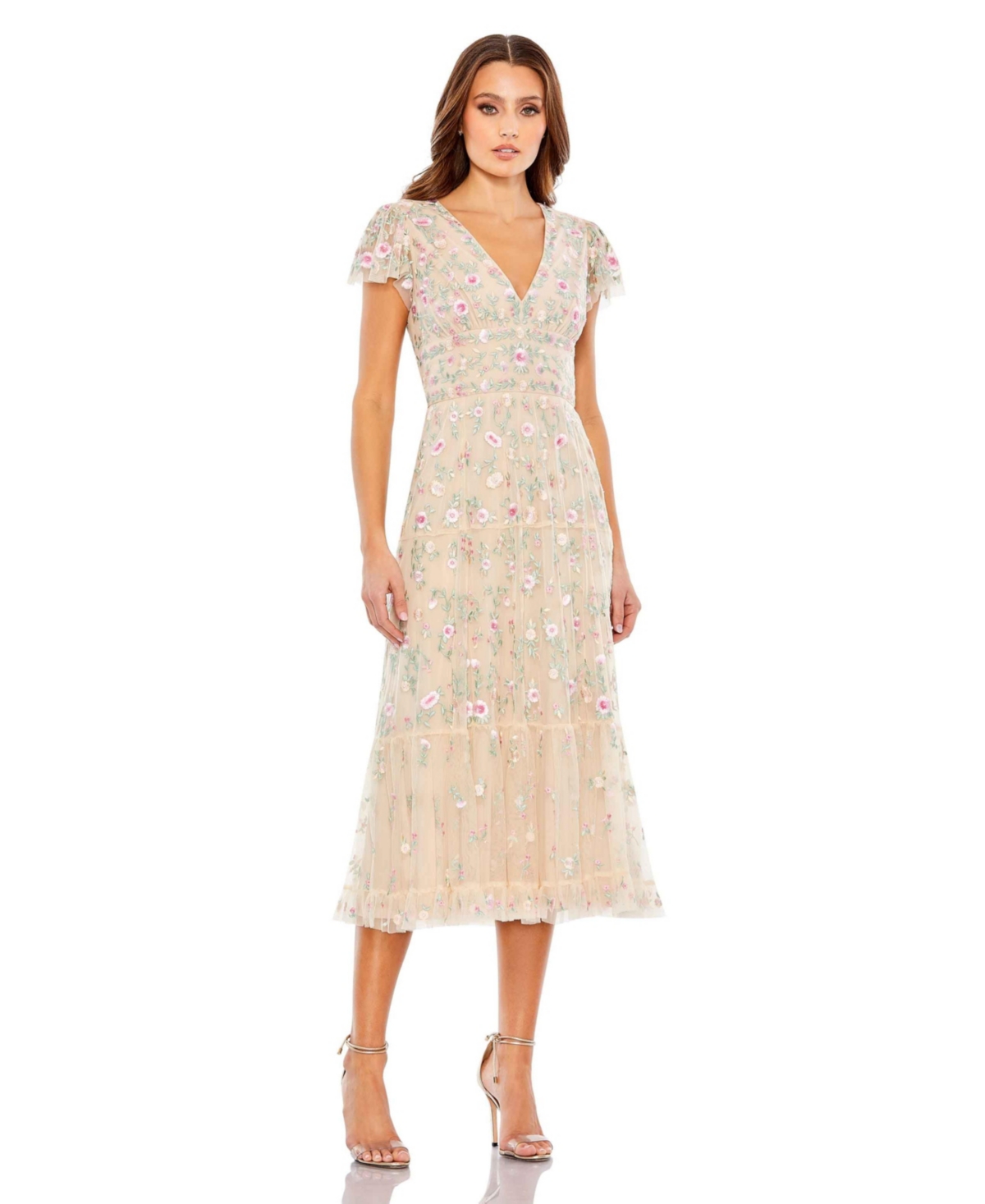 Mac Duggal Embroidered V Neck Cap Sleeve Midi Dress In Nude Multi