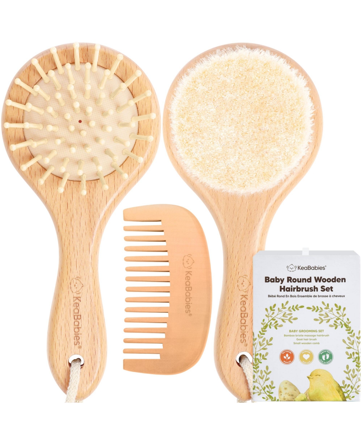 Keababies Baby Hair Brush And Comb Set, Round Wooden Baby Brush Set For Newborns, Infant, Toddler Grooming Kit In Walnut