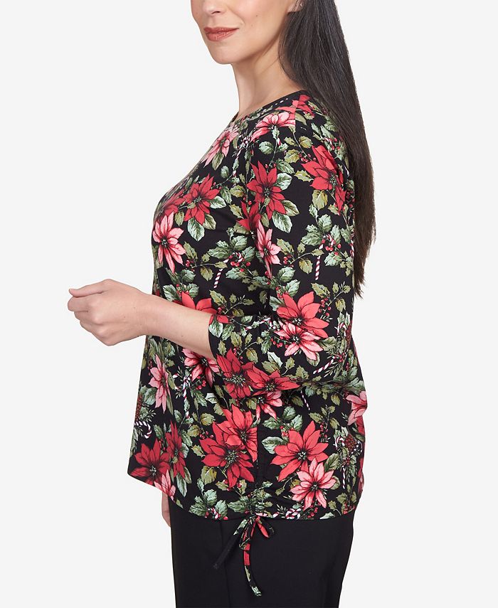 Alfred Dunner Women's Classics Poinsettia and Candy Canes Crew Neck Top