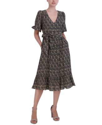 Laundry by Shelli Segal - Women's Printed Tie-Waist Puff-Sleeve Midi Dress