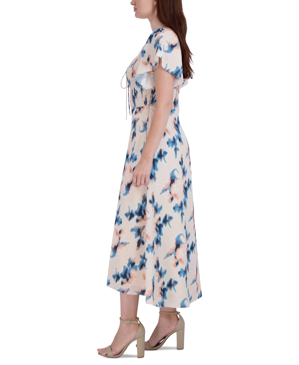 Shop Bcbgeneration Women's Printed Smocked Flutter-sleeve Midi Dress In Blurred Floral