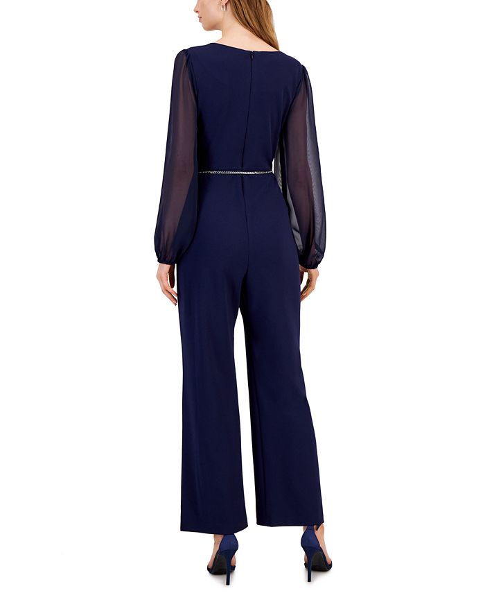Connected Chain-Belt Sheer-Sleeve Jumpsuit - Macy's