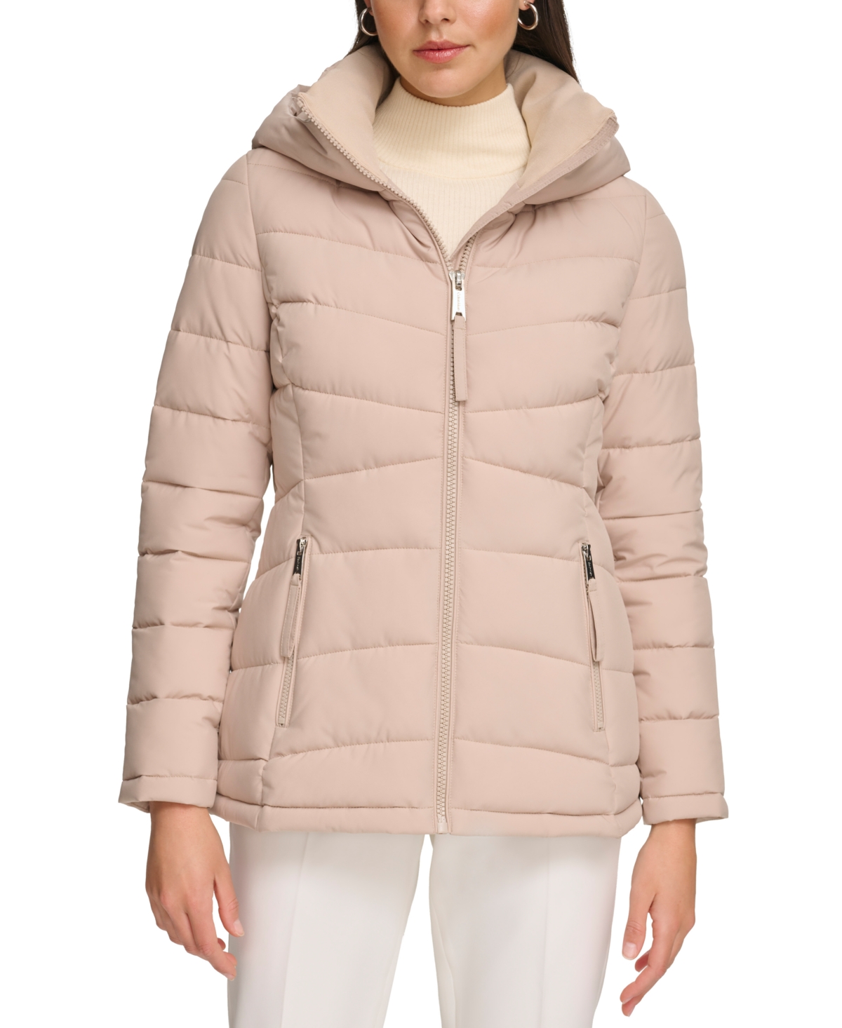 Calvin Klein Women's Stretch Hooded Puffer Coat, Created For Macy's In Barley