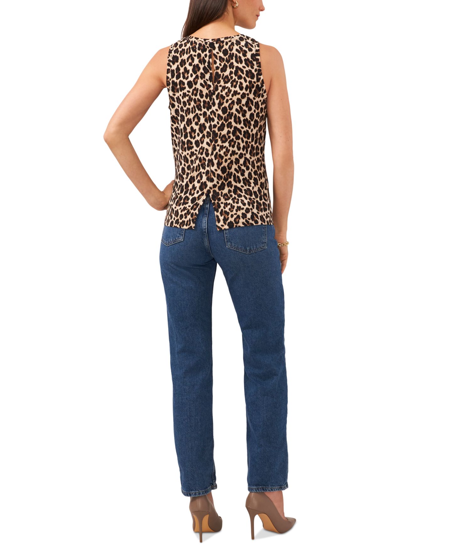 Женский топ Vince Camuto Printed Crewneck Split Back Keyhole Tank Top, цвет: Чёрный леопардовый — фото 4