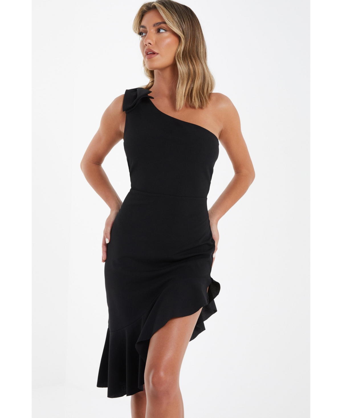 Women's One Shoulder Ruffle Bow Dress - Black