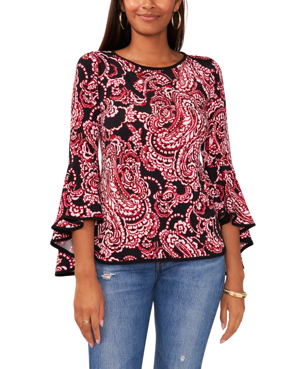 Sam & Jess Petite Contrast-trim Bell-sleeve Top In Black  Red Paisley