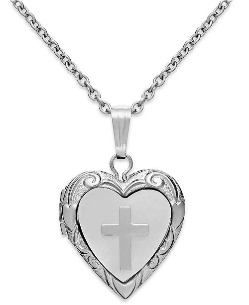 Macy&#39;s Children&#39;s Mother of Pearl Cross and Heart Locket in Sterling Silver (1/5 ct. t.w ...