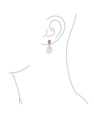 Elegant Purple Amethyst Oval Accent Briolette Peach Pink Natural Rose Quartz Faceted Oval Drop Earrings Rose Gold Plated