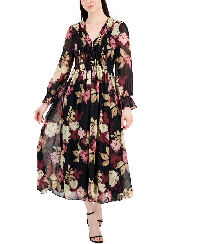 Anna-Kaci Women¡¯s Floral Print Smocked Waist Dress with Long Sleeves, V-Neckline, and Ruffled Hem for a Feminine and Flattering Fit