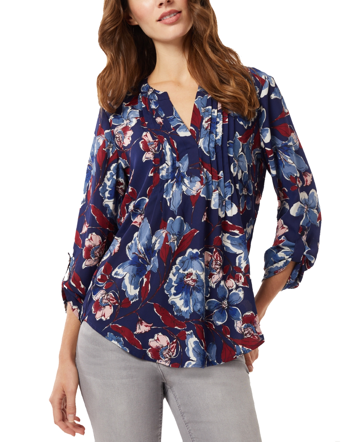 Women's Floral-Print Pintuck Roll-Tab Shirt - Pacific Navy Multi