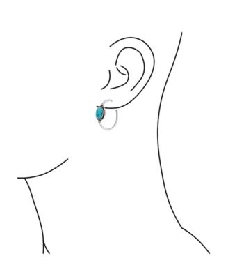 Western Style Oval Blue Compressed Turquoise Braid Edge Twisted Rope Hoop Earrings Oxidized Stainless Steel 1.25 Inch Diameter Stud Back