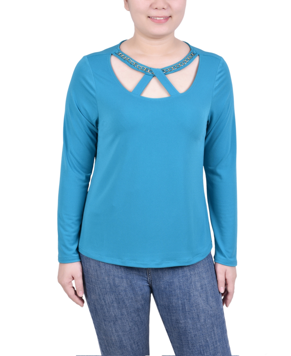 Petite Long Sleeve Jeweled Neck Top - Sangria