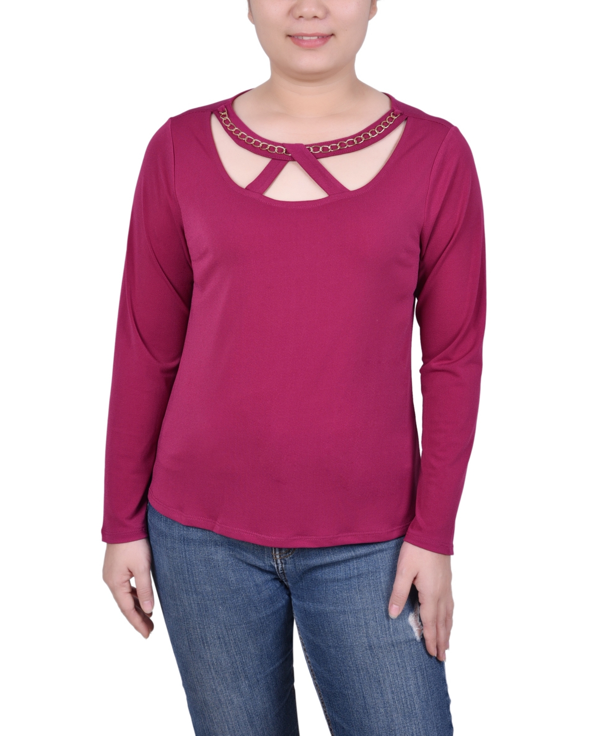 Ny Collection Petite Long Sleeve Jeweled Neck Top In Sangria