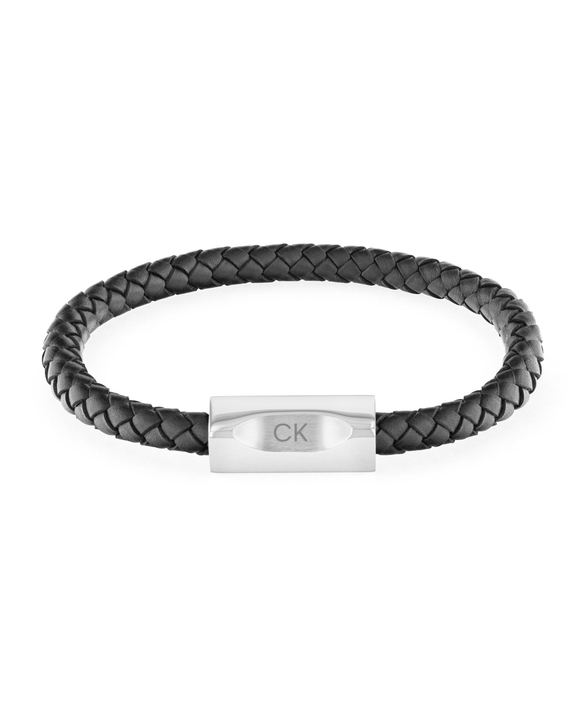 Men's Stainless Steel Black Braided Leather Bracelet - Black