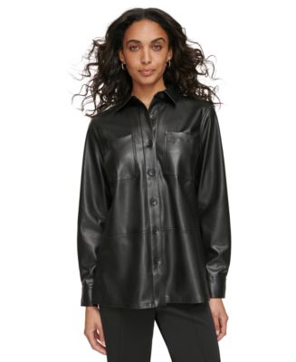 Calvin Klein Women's Faux-Leather Button-Front Shirt Macy's