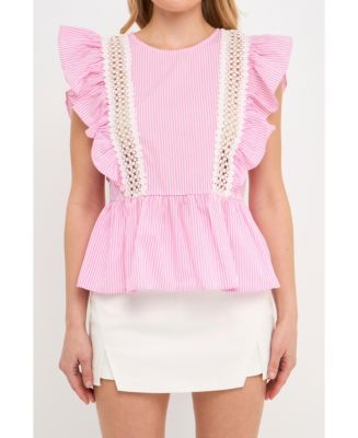 English Factory Women's Poplin Ruffle With Lace Trim Top - Macy's