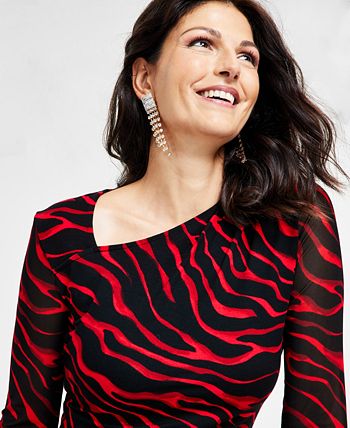 I.N.C. International Concepts Women's Printed Asymmetrical-Neck Sheer-Sleeve  Top, Created for Macy's - Macy's